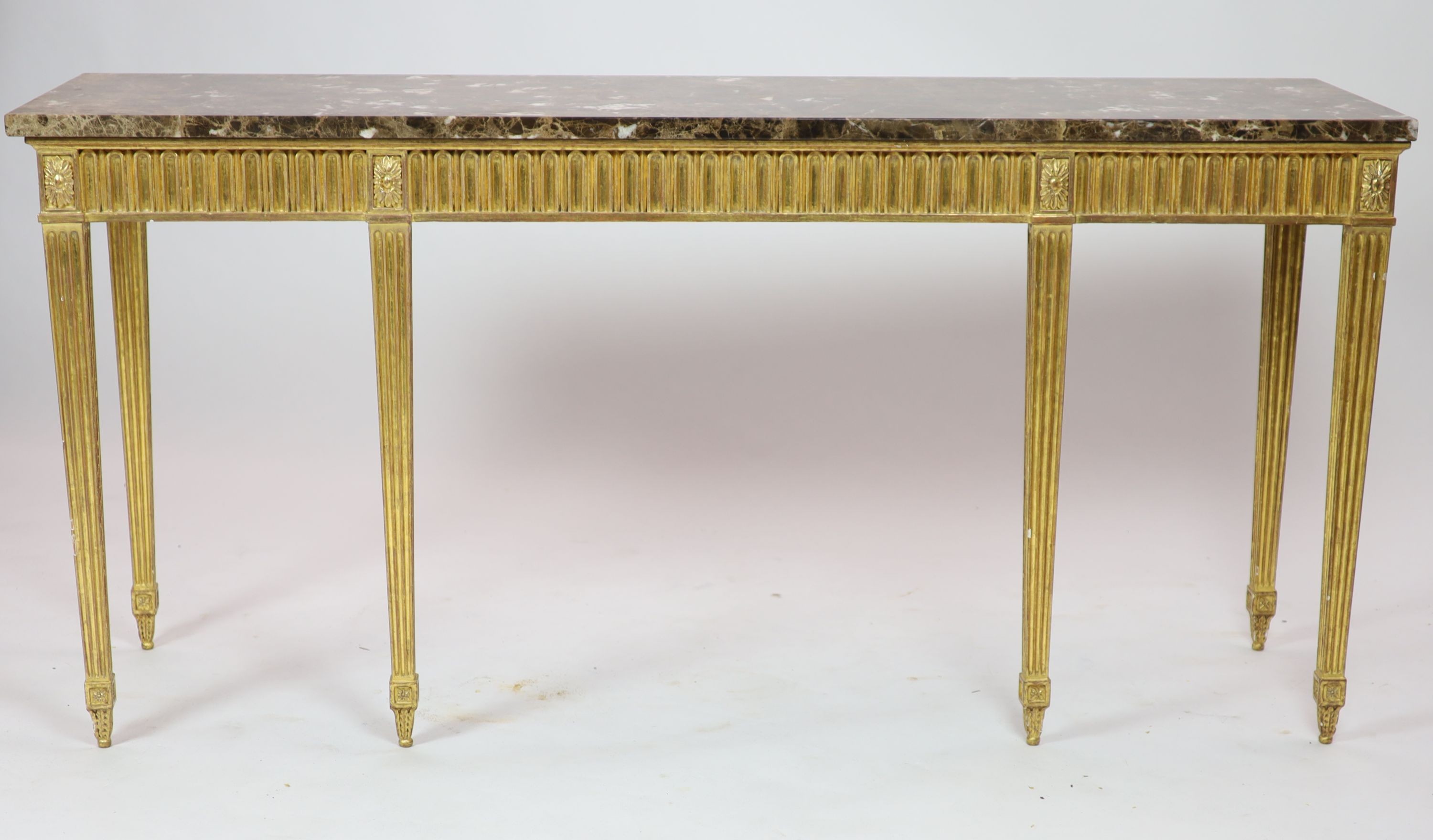 An Adam style giltwood marble topped console table, length 187cm, depth 54cm, height 90cm